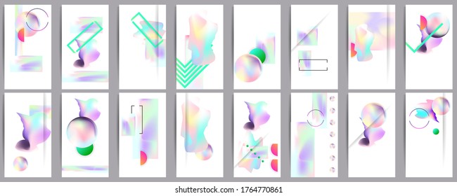 Gradient mesh cover set of backgrounds texture foil pearl shades. Abstract stylish gradient with holographic foil. 90s, 80s retro style