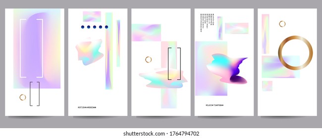 Gradient mesh cover set of backgrounds texture foil pearl shades. Abstract stylish gradient with holographic foil. 90s, 80s retro style