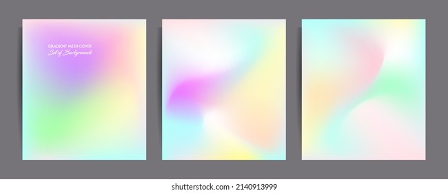 Gradient mesh cover set of backgrounds texture foil pearl shades. Abstract stylish gradient with holographic foil. 90s, 80s retro style