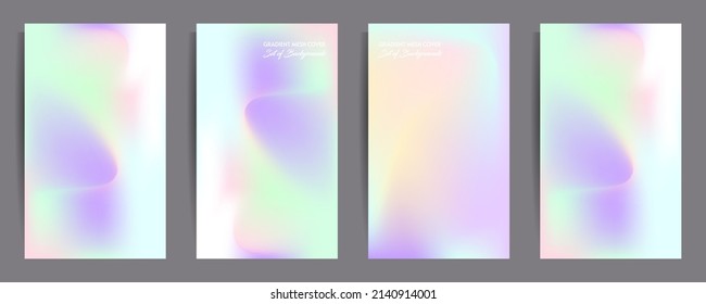 Gradient mesh cover set of backgrounds texture foil pearl shades. Abstract stylish gradient with holographic foil. 90s, 80s retro style