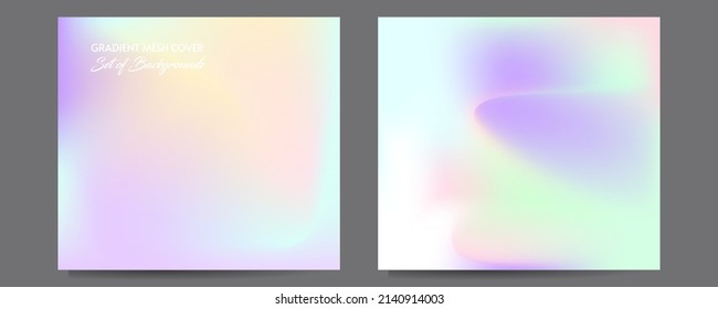 Gradient mesh cover set of backgrounds texture foil pearl shades. Abstract stylish gradient with holographic foil. 90s, 80s retro style