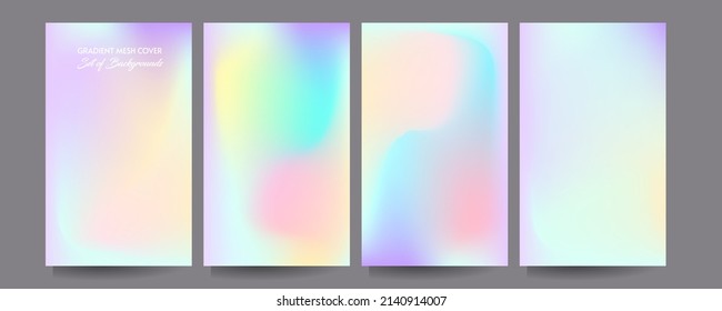 Gradient mesh cover set of backgrounds texture foil pearl shades. Abstract stylish gradient with holographic foil. 90s, 80s retro style