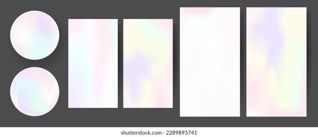 Gradient mesh cover set of backgrounds texture foil pearl shades. Abstract stylish gradient with holographic foil. 90s, 80s retro style