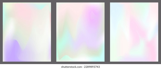 Gradient mesh cover set of backgrounds texture foil pearl shades. Abstract stylish gradient with holographic foil. 90s, 80s retro style