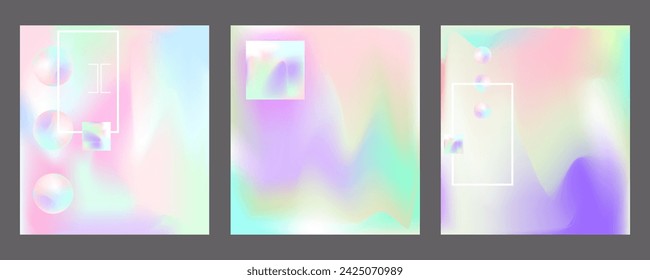 Gradient mesh cover set of backgrounds texture foil pearl shades. Abstract stylish gradient with holographic foil. 90s, 80s retro style