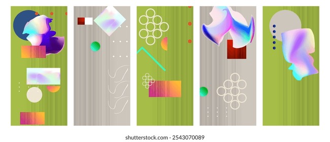 Gradient mesh cover set of backgrounds texture foil pearl shades. Abstract stylish gradient with holographic foil. 90s, 80s
