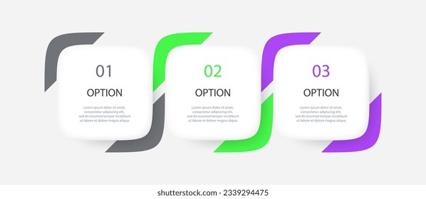 Infografía de malla degradada con 3 elementos cuadrados y opciones. Ilustración vectorial.