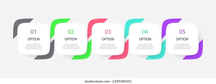 Gradient mesh infographic with 5 square elements and options. Vector illustration.