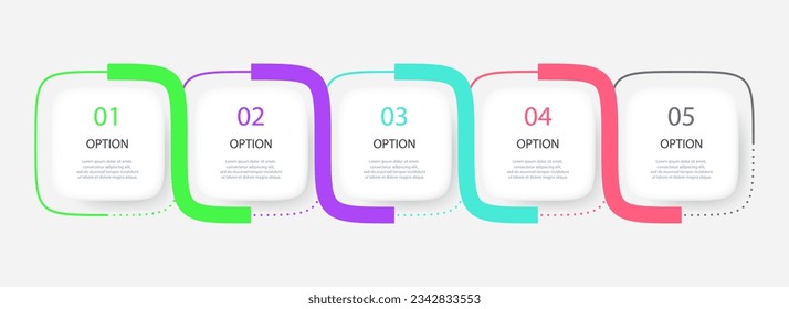 Infografía de malla degradada con 5 elementos cuadrados y opciones. Ilustración vectorial.
