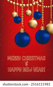 Gradient Mesh Vector Illustration Vertical Xmas greeting card golden blue balls beads hanging  Red vibrant background Winter holiday template Magic mood Text Merry Christmas Happy New Year