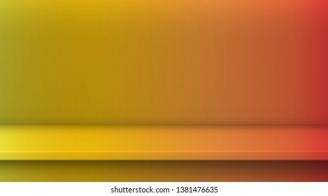 Gradient mesh vector table. Background of empty vivid yellow red gradient color table, studio room advertise for your business products. Design banner on content website with copy space display