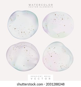 Gradient Mesh Vector Watercolor Minimal Abstract Drawing or Drop with Gold Foil Effect. Pastel Purple, Blue and Green Colors.