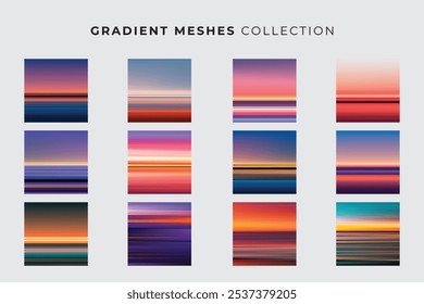 Gradient meshes in summer colors collection. Ocean horizon, beach and sunsets.