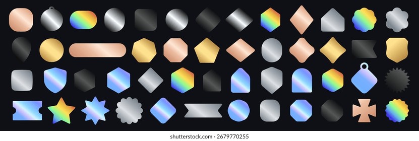 Formas de emblemas metálicos gradiente para UI Branding ouro Prata Botões holográficos Labels Ícones. Conjunto Mínimo De Elementos Modernos Para Marketing De Empacotamento De Mídia Social De Aplicativos Web. Ilustração de vetor.