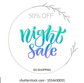 Gradient mint and blue celebration quotation "Night sale" on white background with wreath as template, ad, flyer, leaflet, booklet, brochure. Promotional vector calligraphy text for Article, party
