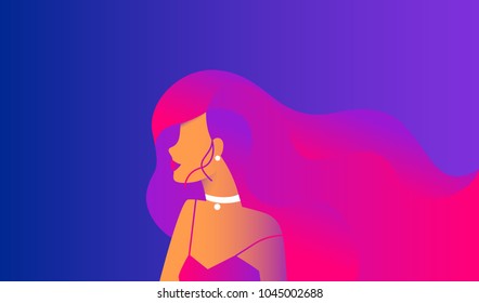 Gradient modern design for website banner or promo landpage of beauty hair salon. Sensual woman wearing long gradient hairstyle on blue and purple background Gradient modern design for website banner or promo landpage of beauty hair salon. Sensual woman wearing long gradient hairstyle on blue and purple background