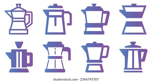 Gradient moka pot set, coffee maker icon, electric kettle, kitchen icons for app, ui, website, vector illustration isolated on white background