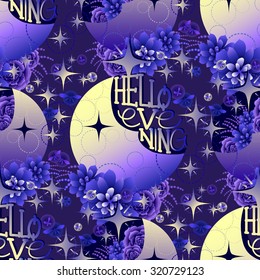 Gradient moon with succulent design among stars and glowing butterflies on dark evening background. Vector seamless pattern