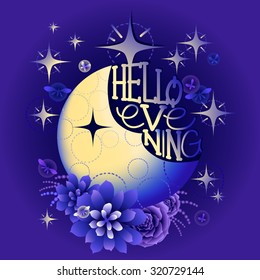 Gradient moon with succulent design among stars and glowing butterflies on dark evening background