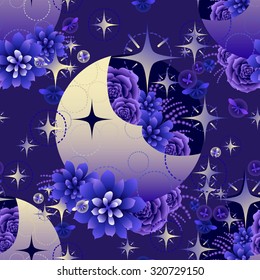 Gradient moon with succulent design among stars and glowing butterflies on dark evening background. Vector seamless pattern