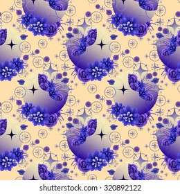 Gradient moon with succulent design among stars and glowing butterflies on yellow background. Vector seamless pattern