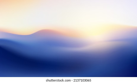 Gradient mountain landscape with sunrise. Vector wavy background. Blurry volumetric silhouettes of hills at sunset. Colorful abstract wallpaper