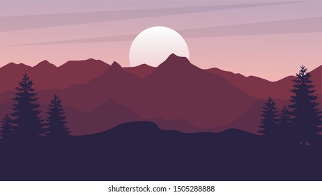 Gradient mountains chain landscape with sunrise background Vector