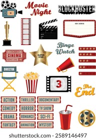 gradient movie night sticker, vector illustration, golden star, Hollywood, camera badge