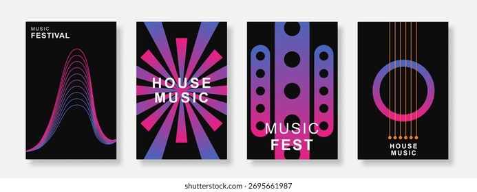 Gradient music poster design background set. Minimalist sound cover template with geometric shape. Suitable for festival, club, flyer, party and social media banner. Vector illustration