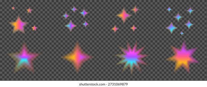 Estrellas borrosas de neón degradadas. Parpadea con figuras de aura holográfica. Y2k estética iridiscente brillante bling efectos de gradación. Conjunto de forma estrellada abstracta de Vector aislado sobre fondo transparente.