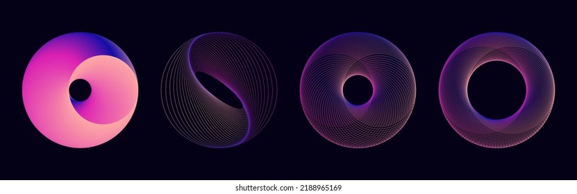 Gradient neon circle elements in line art style and fill. Abstract geometric vibrant round shapes