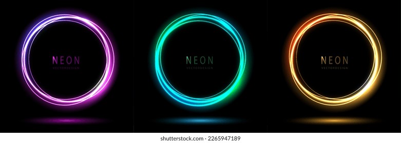 Gradient neon circle frame. collection of round glowing neon lighting on dark background with copy space. graphic element for social media stories. vector design. - Shutterstock ID 2265947189
