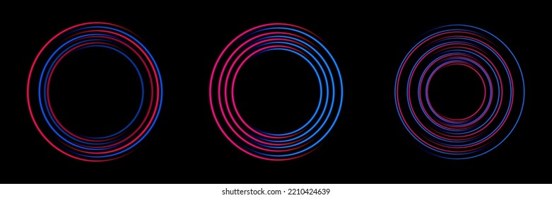 Gradient neon circle frame set. Line light. Glowing border isolated on dark background. Colorful night banner, vector light effect. Bright luminous form.