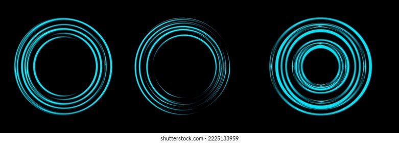 Gradient neon circle frame set. Line light. Glowing border isolated on dark background. Colorful night banner, vector light effect. Bright luminous form.	