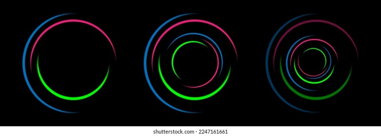 Gradient neon circle frame set. Line light. Glowing border isolated on dark background. Colorful night banner, vector light effect. Bright luminous form.