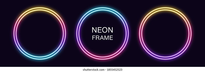 Gradient neon circle Frame. Vector set of round neon Border with double outline. Geometric shape with copy space, futuristic graphic element for social media stories. Rainbow, iridescent color - Shutterstock ID 1855452523