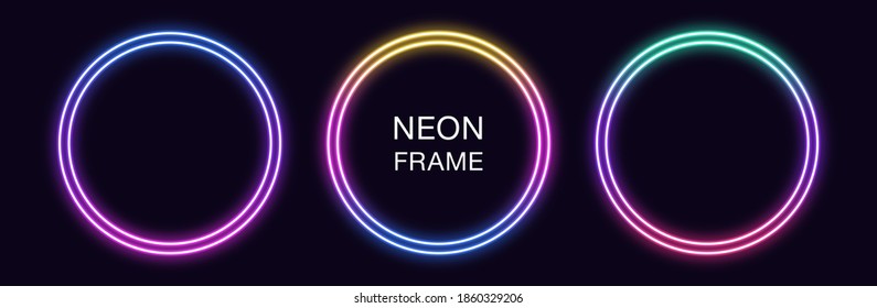 Gradient Neon Circle Frame. Vector Set Of Round Neon Border With Double Outline. Geometric Shape With Copy Space, Futuristic Graphic Element For Social Media Stories. Rainbow, Iridescent Color