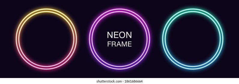 Gradient Neon Circle Frame. Vector Set Of Round Neon Border With Double Outline. Geometric Shape With Copy Space, Futuristic Graphic Element For Social Media Stories. Rainbow, Iridescent Color