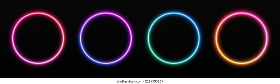 Gradient neon circle frames set. Glowing borders isolated on a dark background.