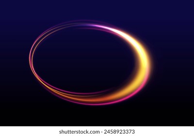 Gradient neon circle frames set. Wake wave, fire path trail line and swirl effect curve. Abstract vector fire circles, sparkling swirls and energy light spiral frames.