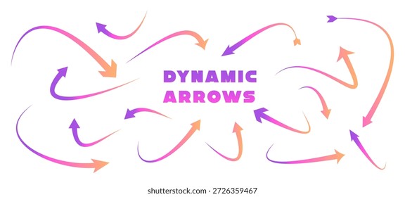 Conjunto de Vector de flechas curvadas de neón degradado. Punteros dinámicos de dirección Swoosh para presentación, UI UX, Elementos de trayectoria de movimiento de infografía.