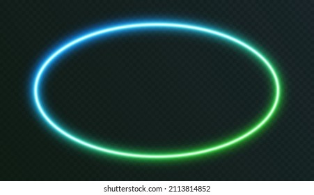 Gradient neon ellipse, blue-green glowing border isolated on a dark background. Colorful night oval banner