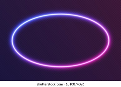 Gradient neon ellipse, blue-pink glowing oval border isolated on a dark background. Colorful night banner, vector light effect. Bright illuminated shape.