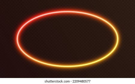 Elipse de neón gradiente, borde rojo-amarillo brillante aislado en un fondo oscuro. Banner oval nocturno colorido, efecto de luz vectorial. Forma luminosa brillante.