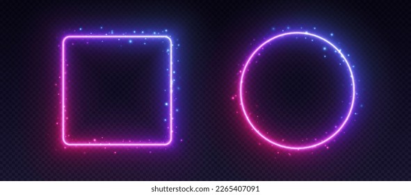 Gradient neon frames, glowing borders with smoke and sparkles, led circle and square with purple and pink colors. Avatar frames for game, UI design elements. Vector illustration.