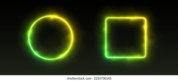 Gradient neon frames with smoke, green yellow led borders with mist effect, transparent glowing haze. Avatar frames for game UI. Vector illustration.