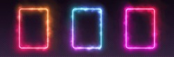Gradient Neon Frames With Smoke, Led Rectangular Borders With Mist Effect, Transparent Glowing Haze. Futuristic Social Media Template Design Elements. Vector Retro Decorations.