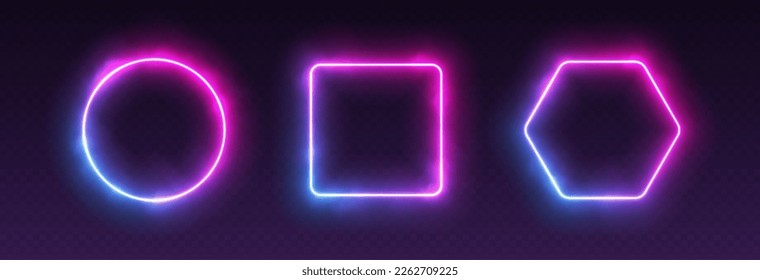 Gradient neon frames with smoke, led borders with mist effect, transparent glowing haze. Avatar frames for game, futuristic UI design elements. Circle, square and hexagon vector decorations.