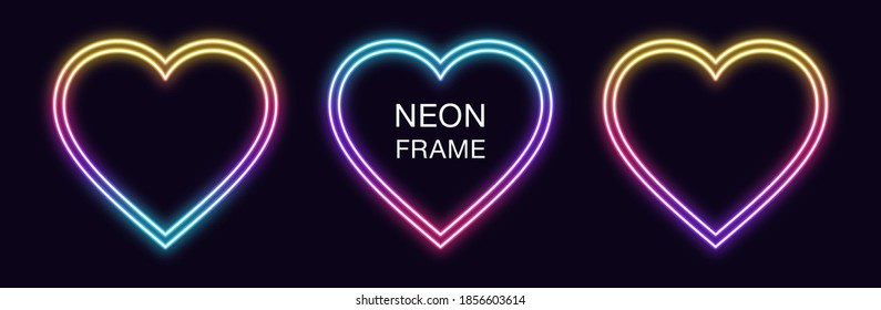 Gradient neon heart Frame. Vector set of romantic neon Border with double outline. Heart shape with copy space, graphic element for Valentine day and social media stories. Rainbow, iridescent color