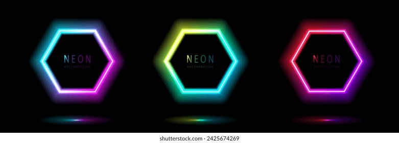 Gradient neon hexagon frame. collection of round glowing neon lighting on dark background with copy space. graphic element for social media stories. vector design.